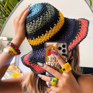 1love2hugs3kisses Bucket Straw Hat Rainbow Multi black