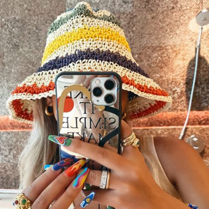 Striped Crochet Bucket Hat - Cream