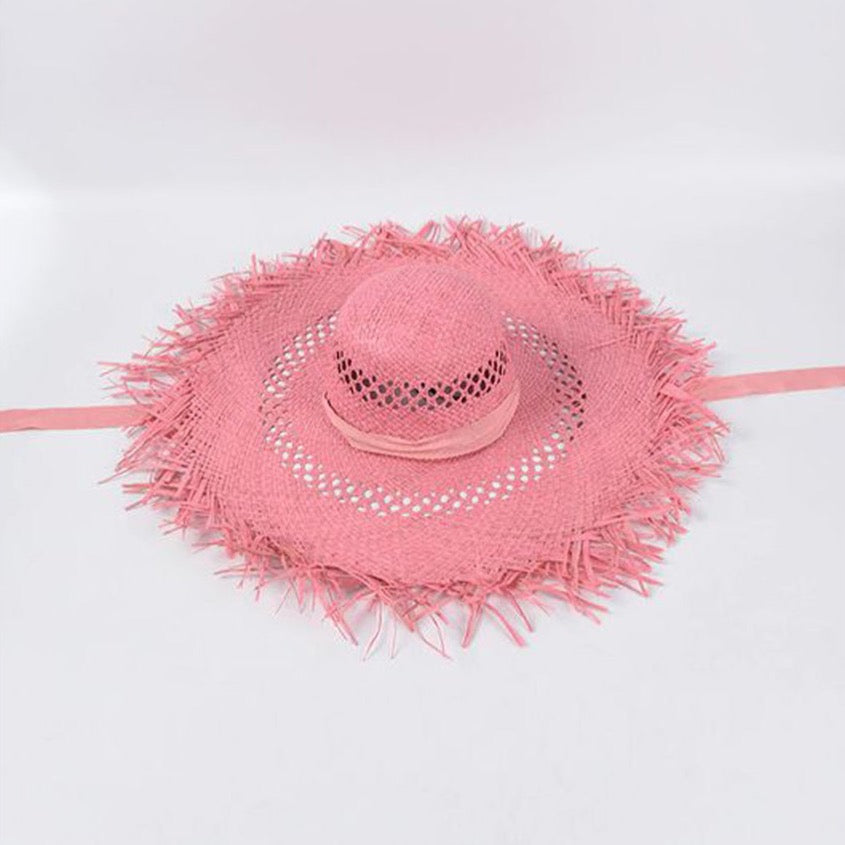 1love2hugs3kisses Stella Mega Straw Hat Pink with Ribbon