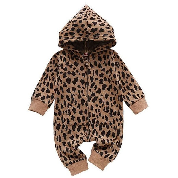 Baby Hooded Jumpsuit Brown Leopard allover Available at 1love2hugs3kisses Ibiza