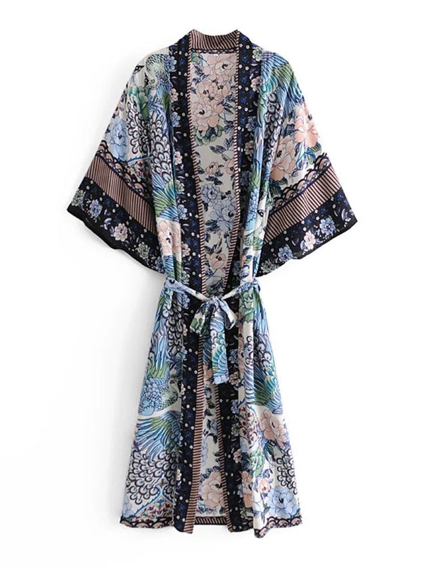 1love2hugs3kisses Long Kimono Peacock & Flowers Blue