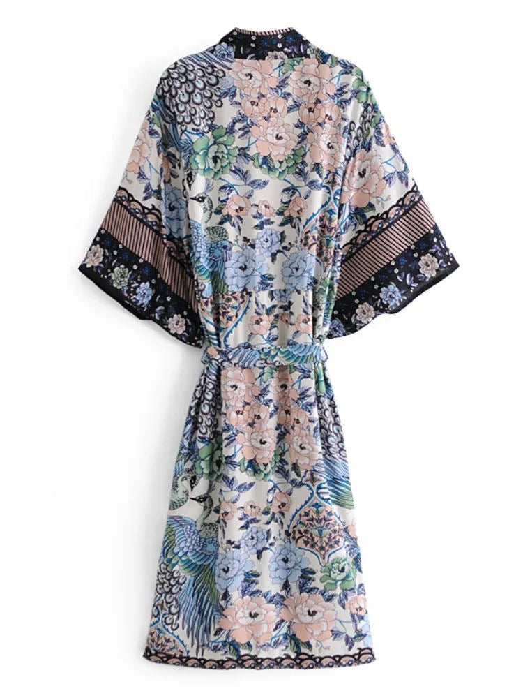 1love2hugs3kisses Long Kimono Peacock & Flowers Blue