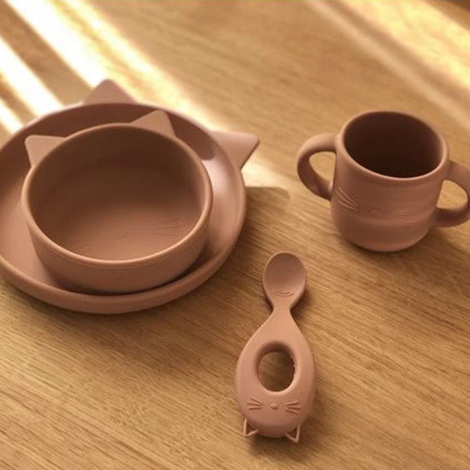 Liewood Vivi Silicone Tableware 4 pack Baby Cat dark rose from 1love2hugs3kisses Ibiza