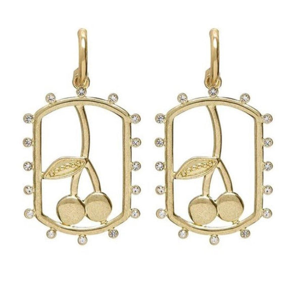 Luv Aj Cherry Dog Tag Hoops Earrings in Gold available at 1love2hugs3kisses Ibiza