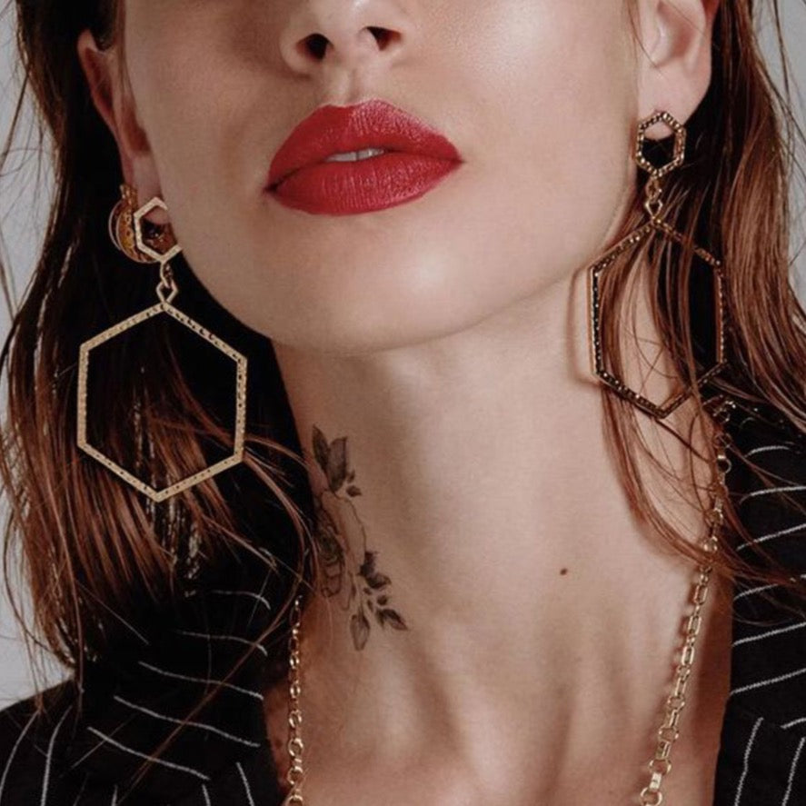 Luv Aj The Hammered Hex Statement Earrings Gold available at 1love2hugs3kisses Ibiza