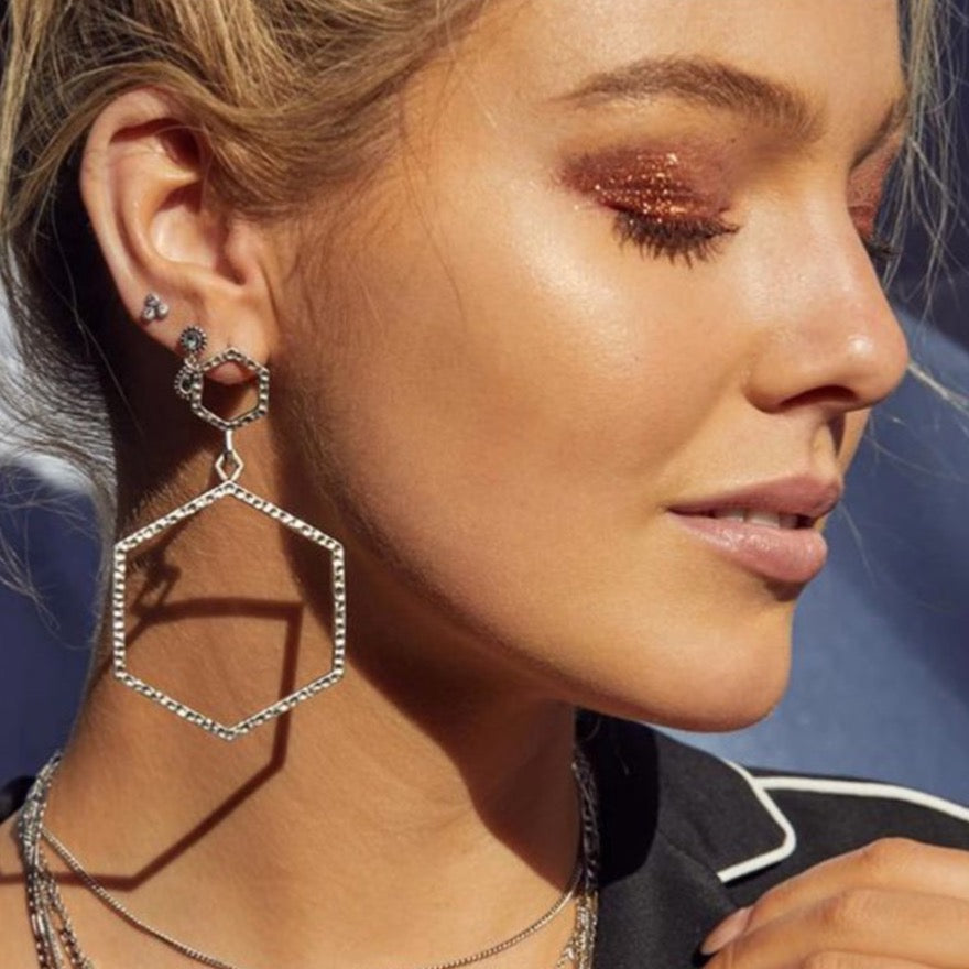 Luv Aj The Hammered Hex Statement Earrings Silver available at 1love2hugs3kisses Ibiza