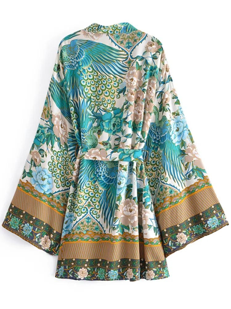 Short Kimono Peacock & Flowers green from 1love2hugs3kisses ibiza